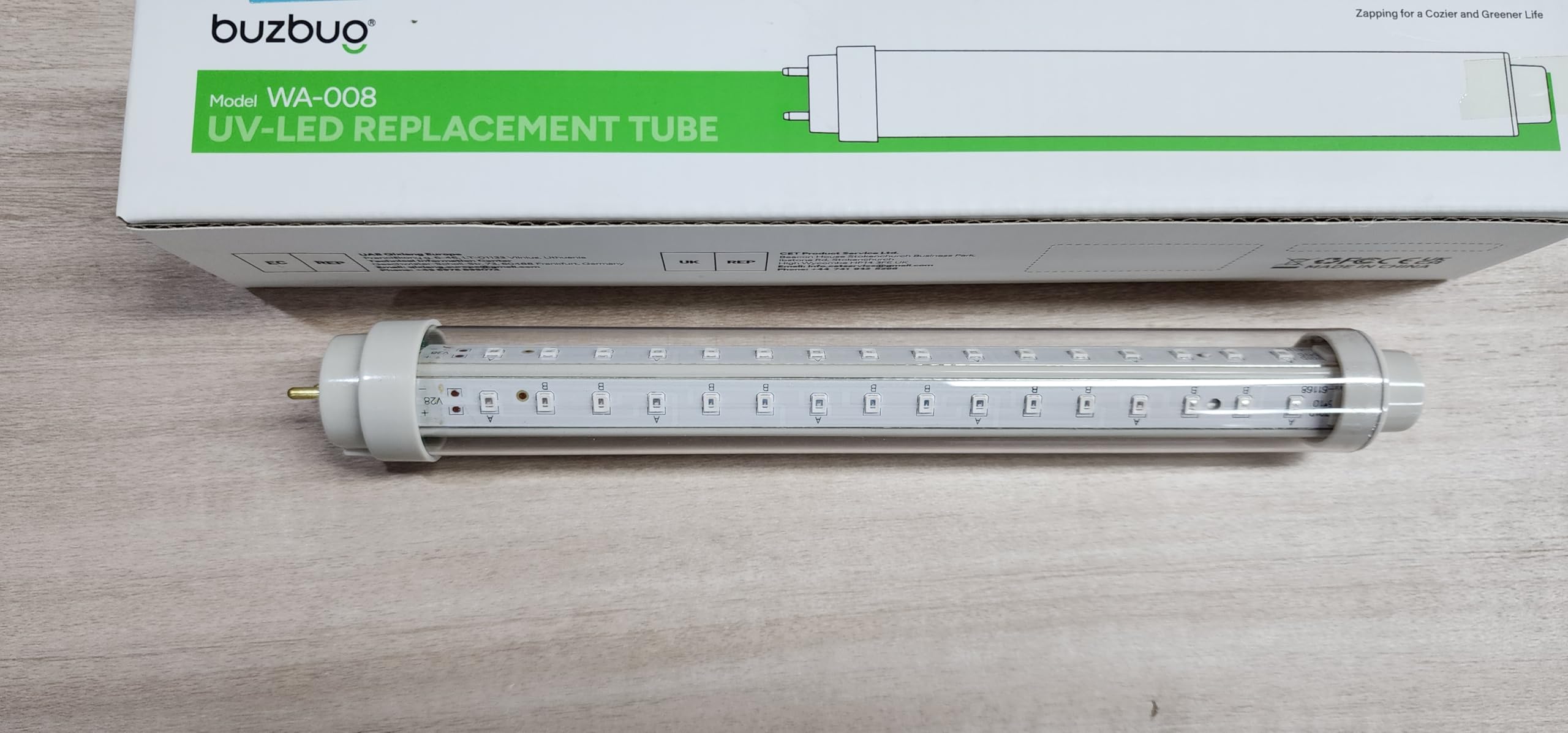 Buzbug MO-008C/MO-005 LED bug zapper bulb with dual wavelengths attracts insects, helping keep outdoor spaces calmer.