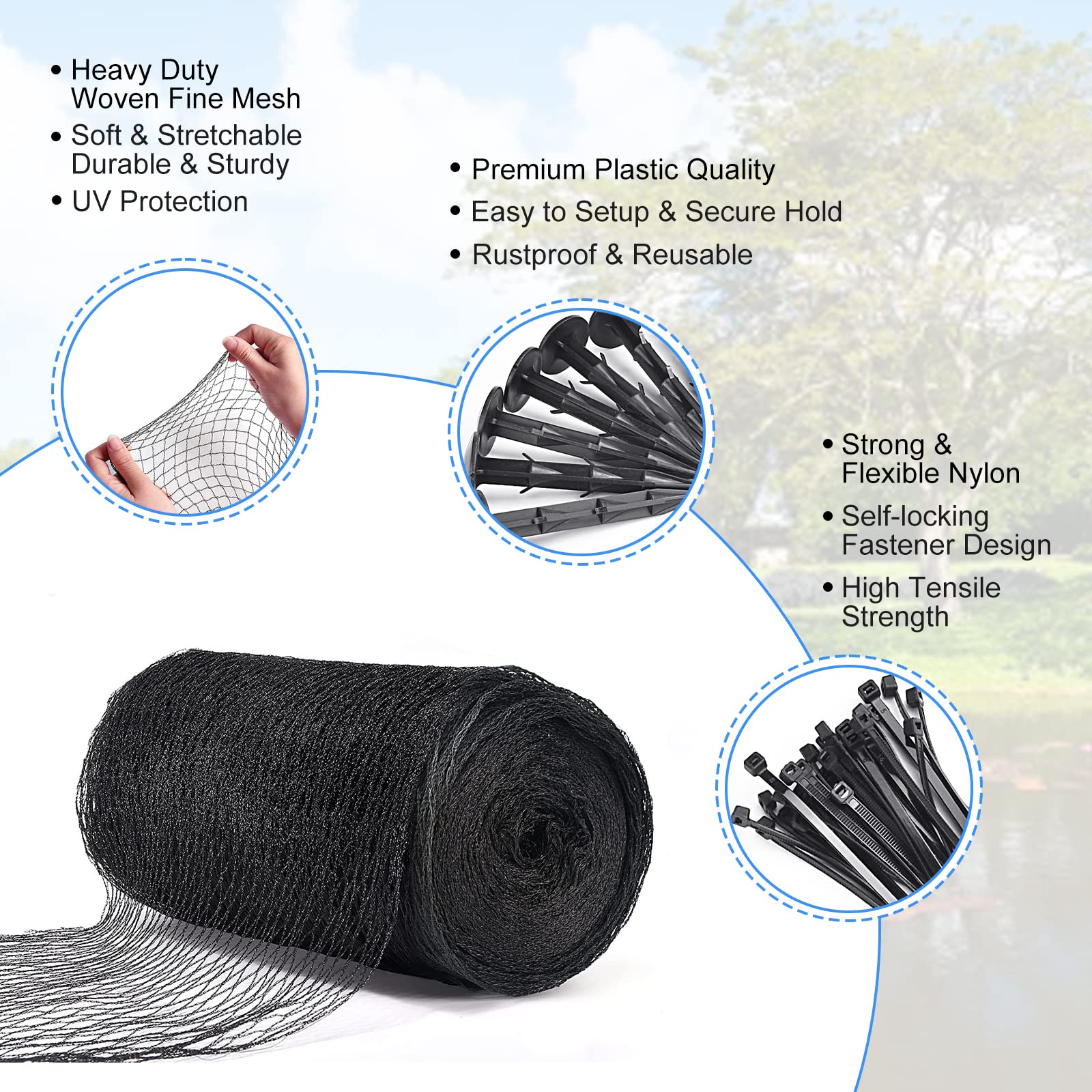 BUZIFU heavy-duty pond netting withstands wind and weather.