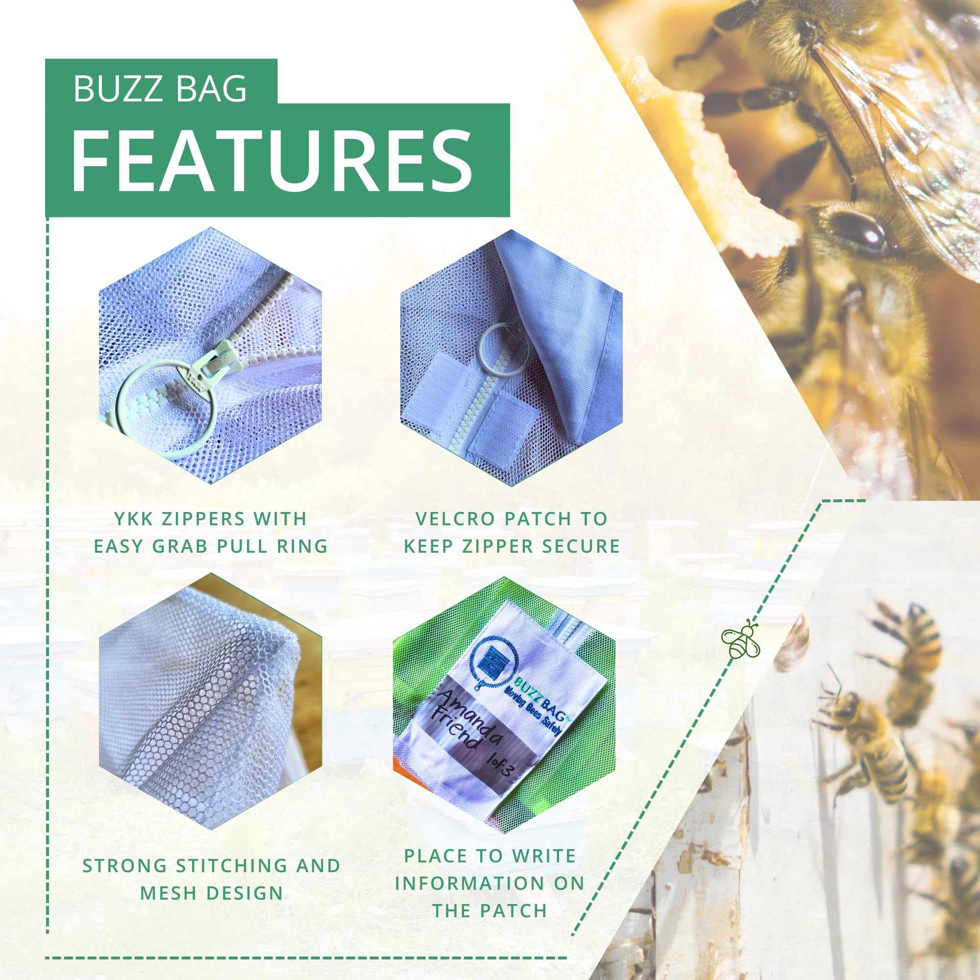 Buzz Bag fits 5-frame equipment and can accommodate deep or medium frames.