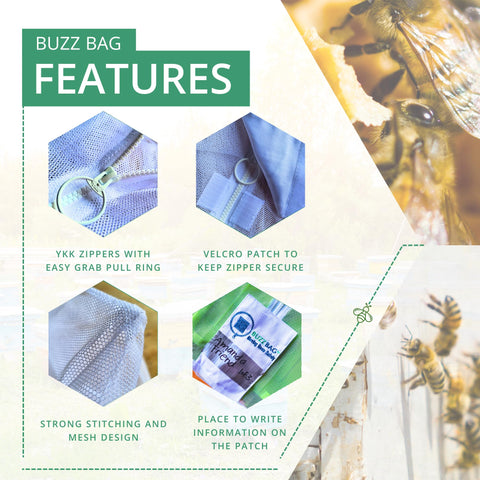 Buzz Bag fits 5-frame equipment and can accommodate deep or medium frames.