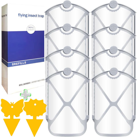 Buzz Trap zevo refill 8-pack shown with cartridges and traps for home protection