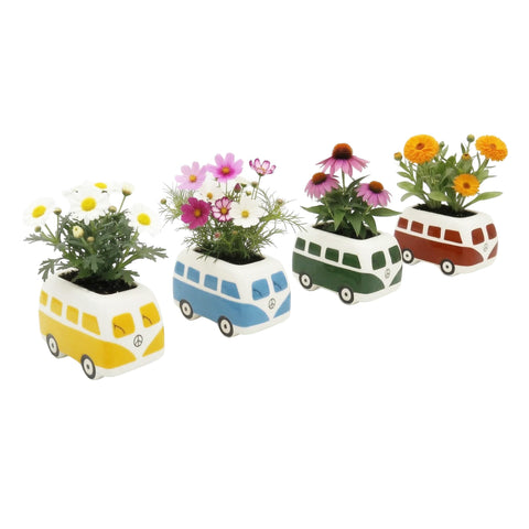 BUZZY Seeds bus planter cosmos side view, perfect for outdoor patio decor.