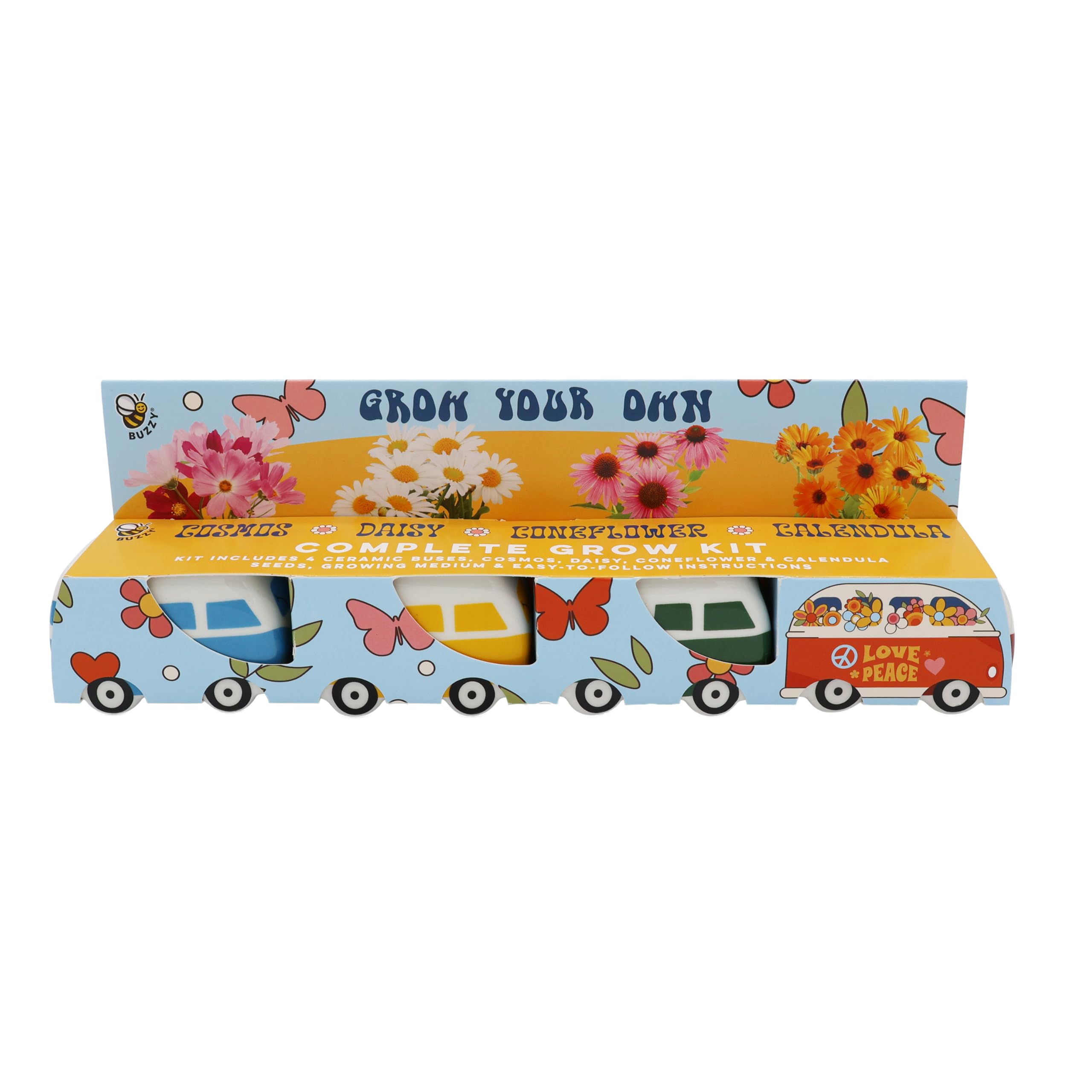 BUZZY Seeds bus planter with daisy front, ideal for bright indoor windowsills.