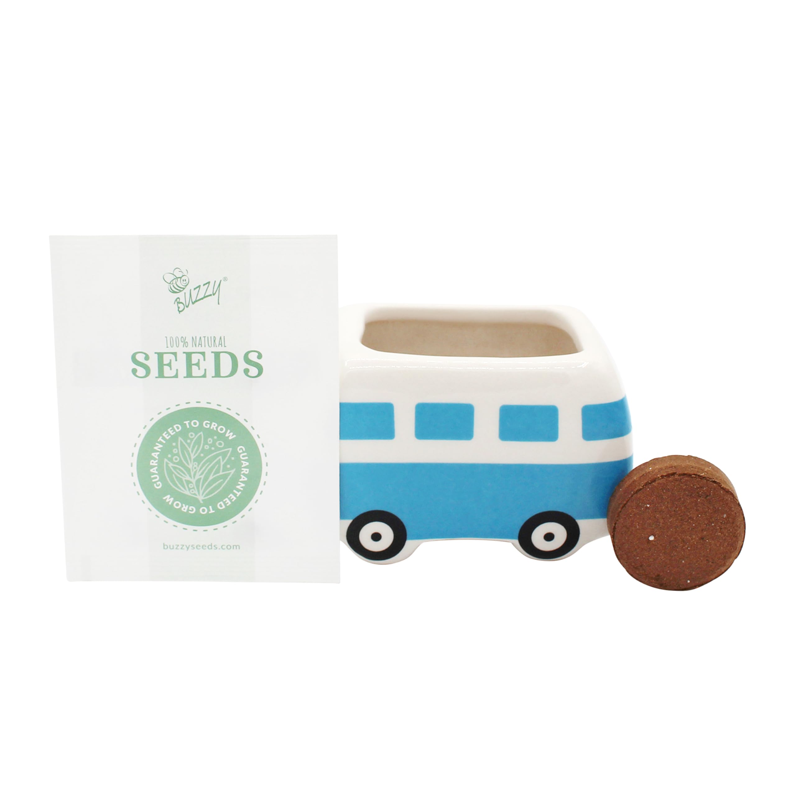 BUZZY Seeds bus planter filled with soil, showcasing quick indoor germination setup.
