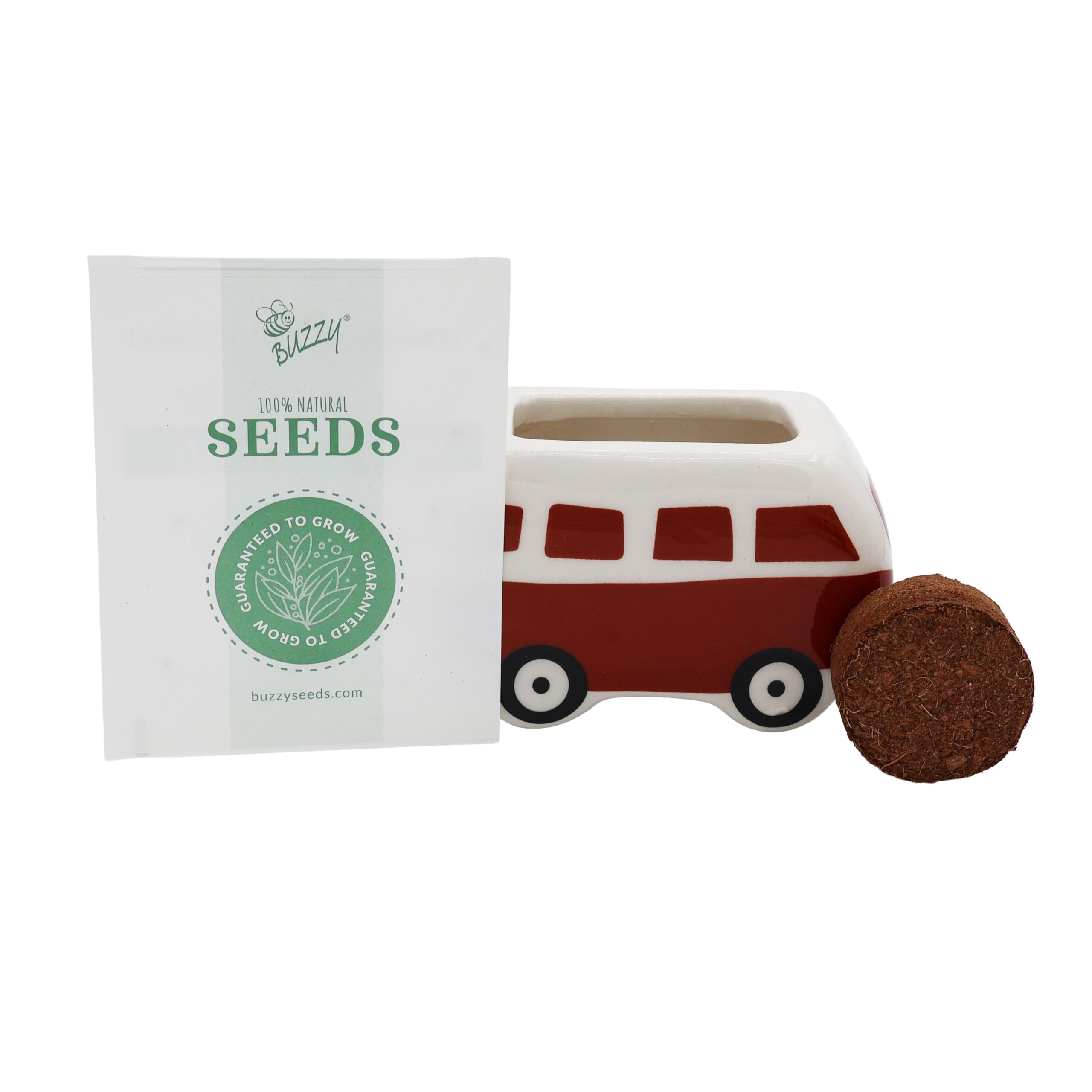 BUZZY Seeds bus planter on a patio, adding whimsical garden flair.