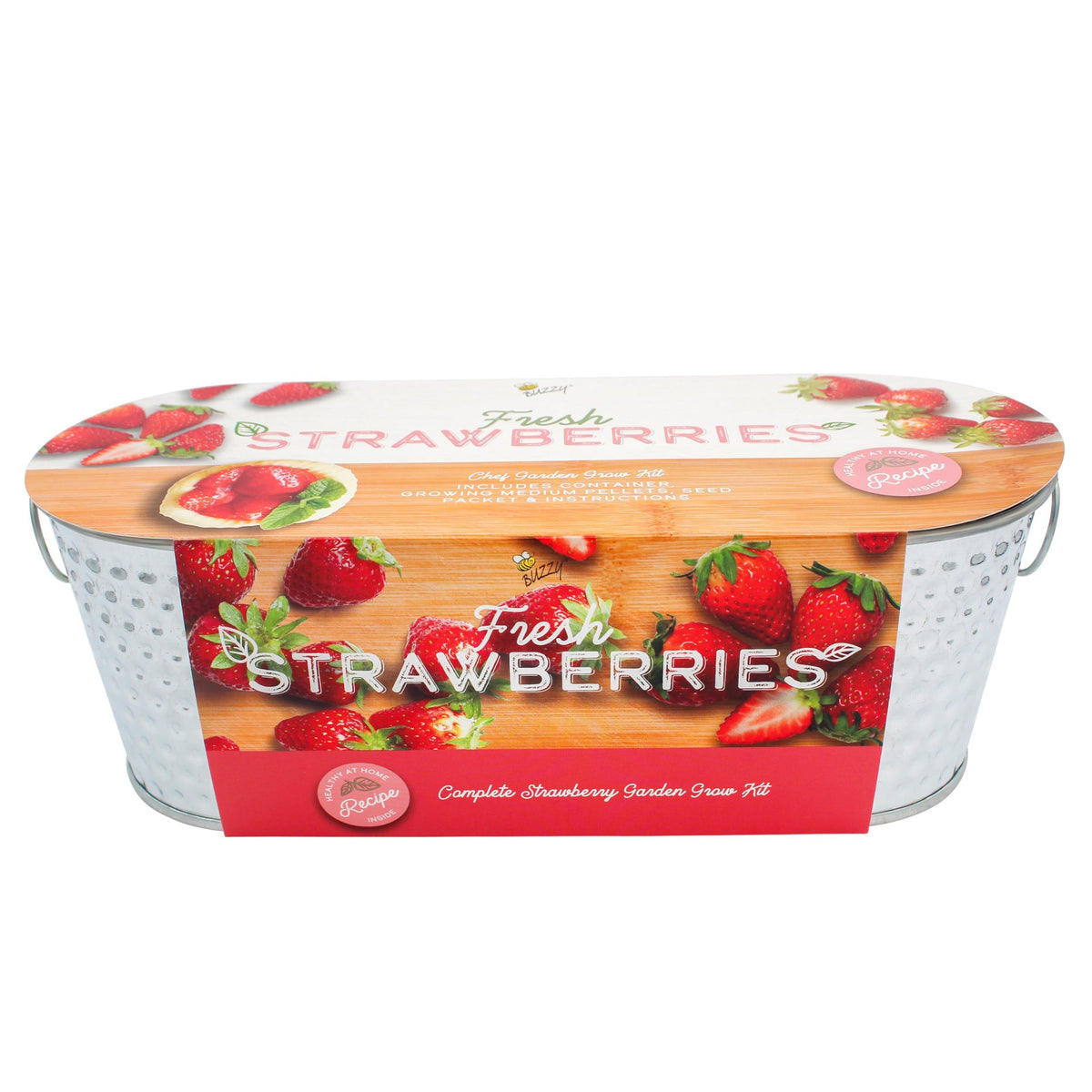 BUZZY Seeds Strawberry Grow Kit planter with decorative metal container for easy indoor strawberry growing