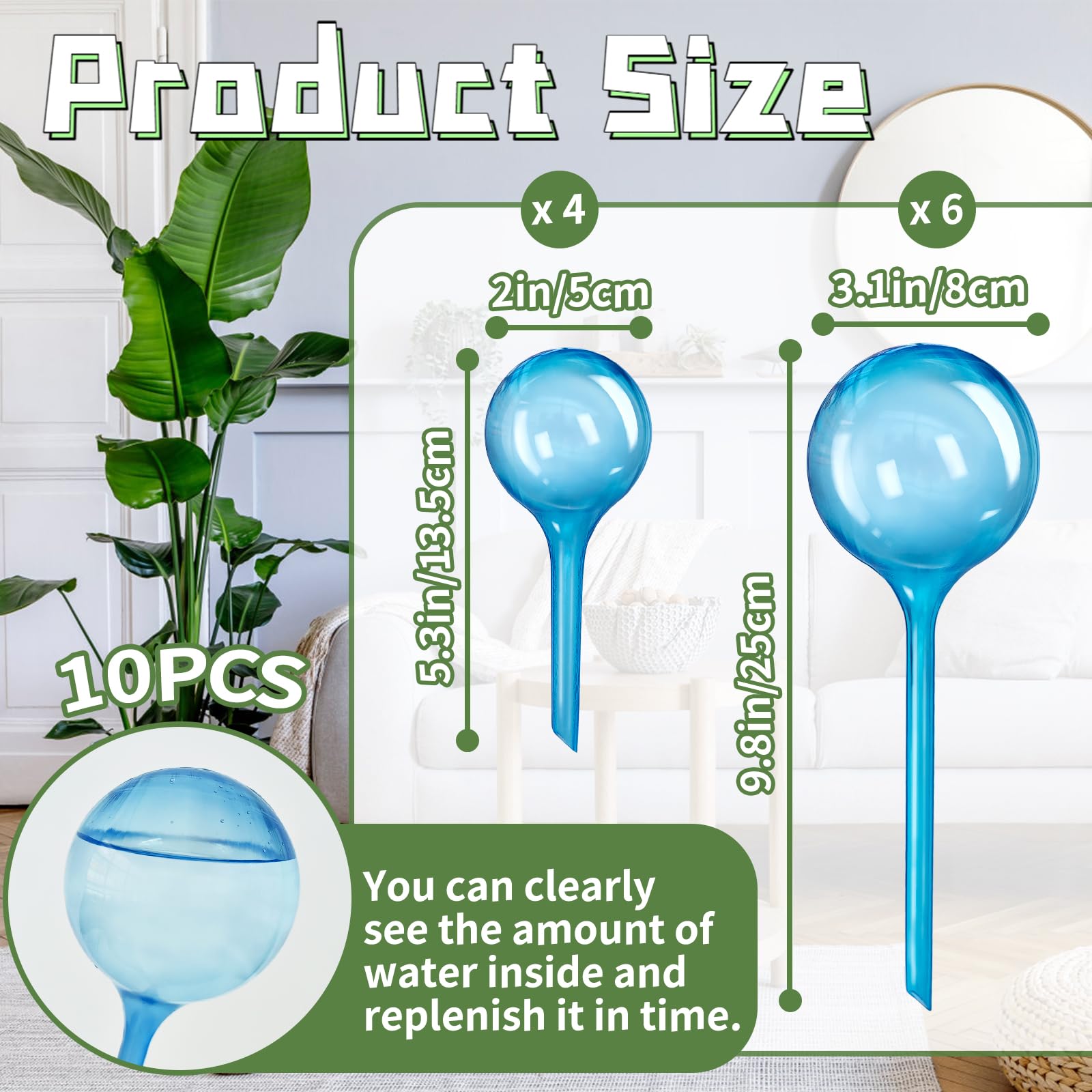 Bvrbaory transparent blue globes show water amount for steady irrigation.