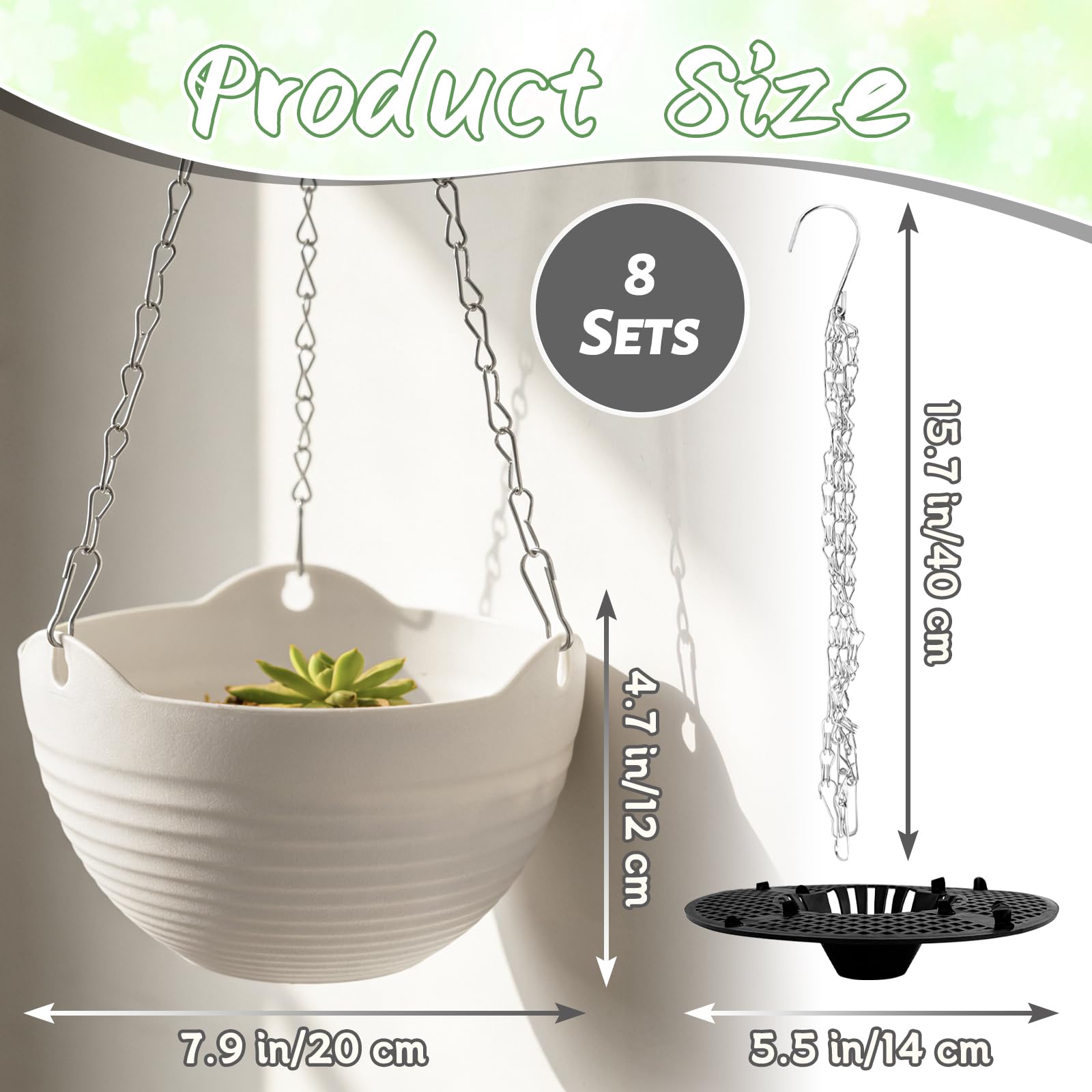 Bvrbaory white plastic hanging pots with metal chains and drainage plug for easy setup.