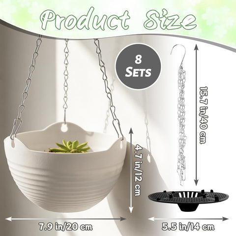 Bvrbaory white plastic hanging pots with metal chains and drainage plug for easy setup.