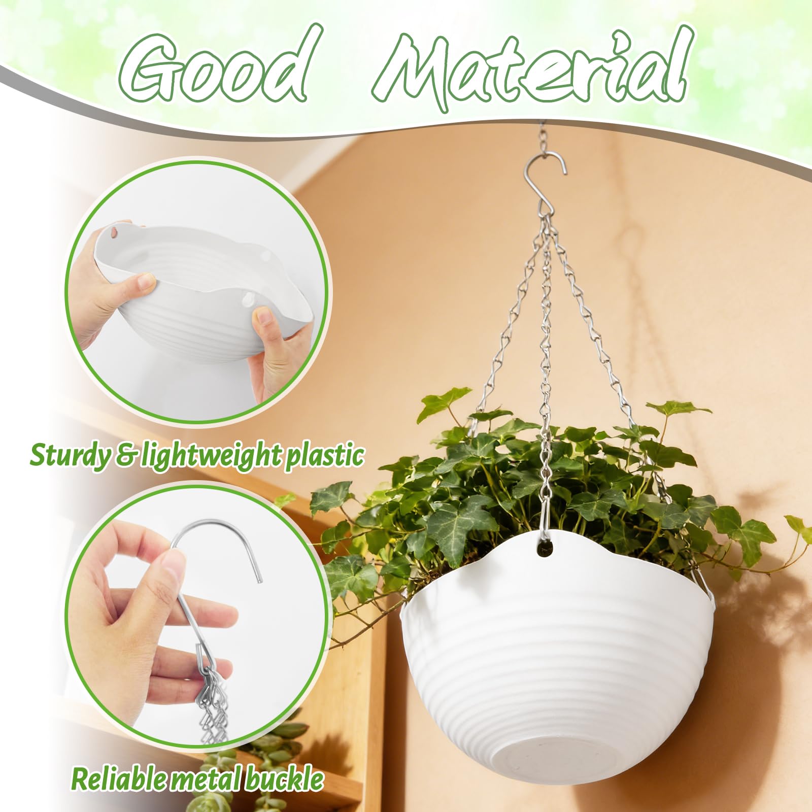 Round white hanging basket with chain for versatile wall or balcony decor