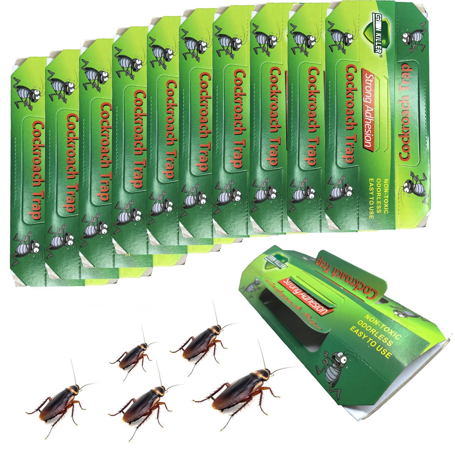 B/W cockroach trap box shows a non-toxic pest control option for homes.