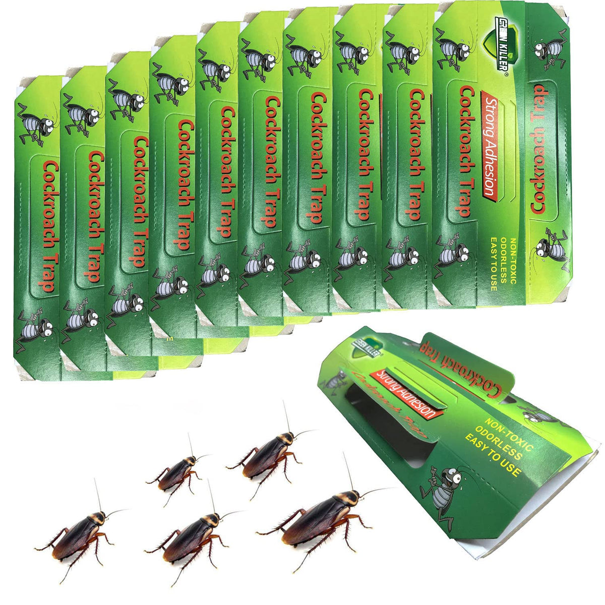 B/W cockroach trap box shows a non-toxic pest control option for homes.