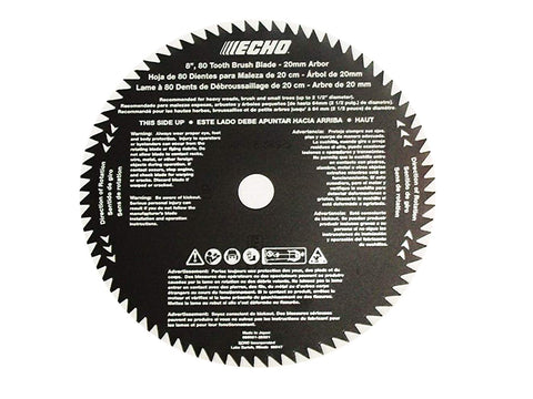 Echo 8-inch 80-tooth brush blade with 20mm arbor for SRM-210 family enhances cutting consistency.