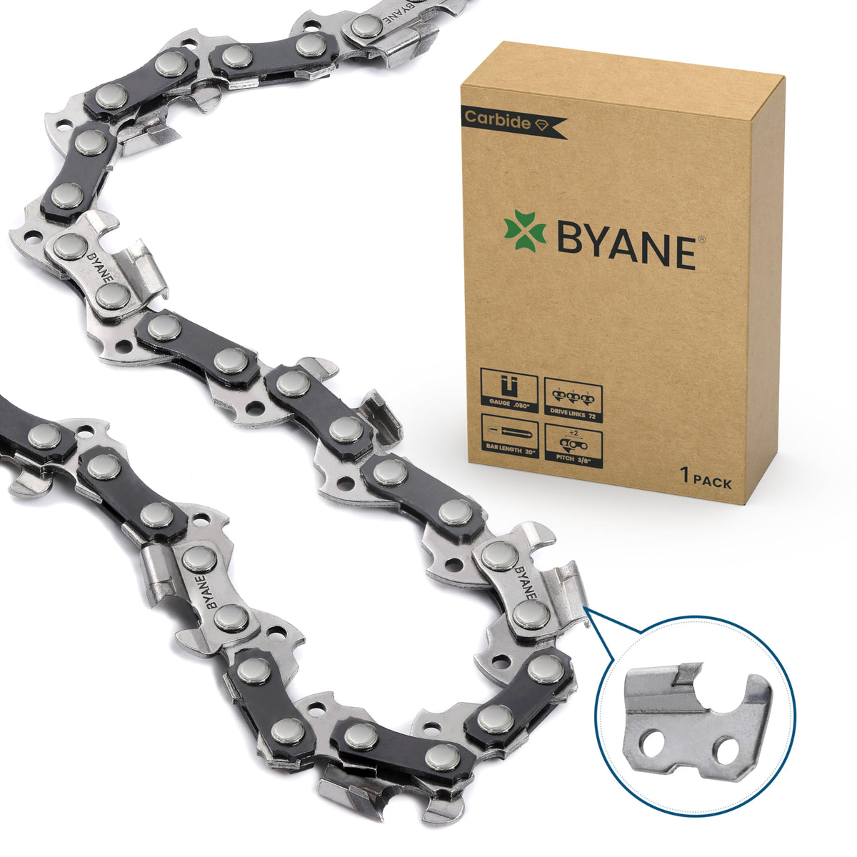 Byane carbide chainsaw chain 20-inch close-up shows durable carbide tips.