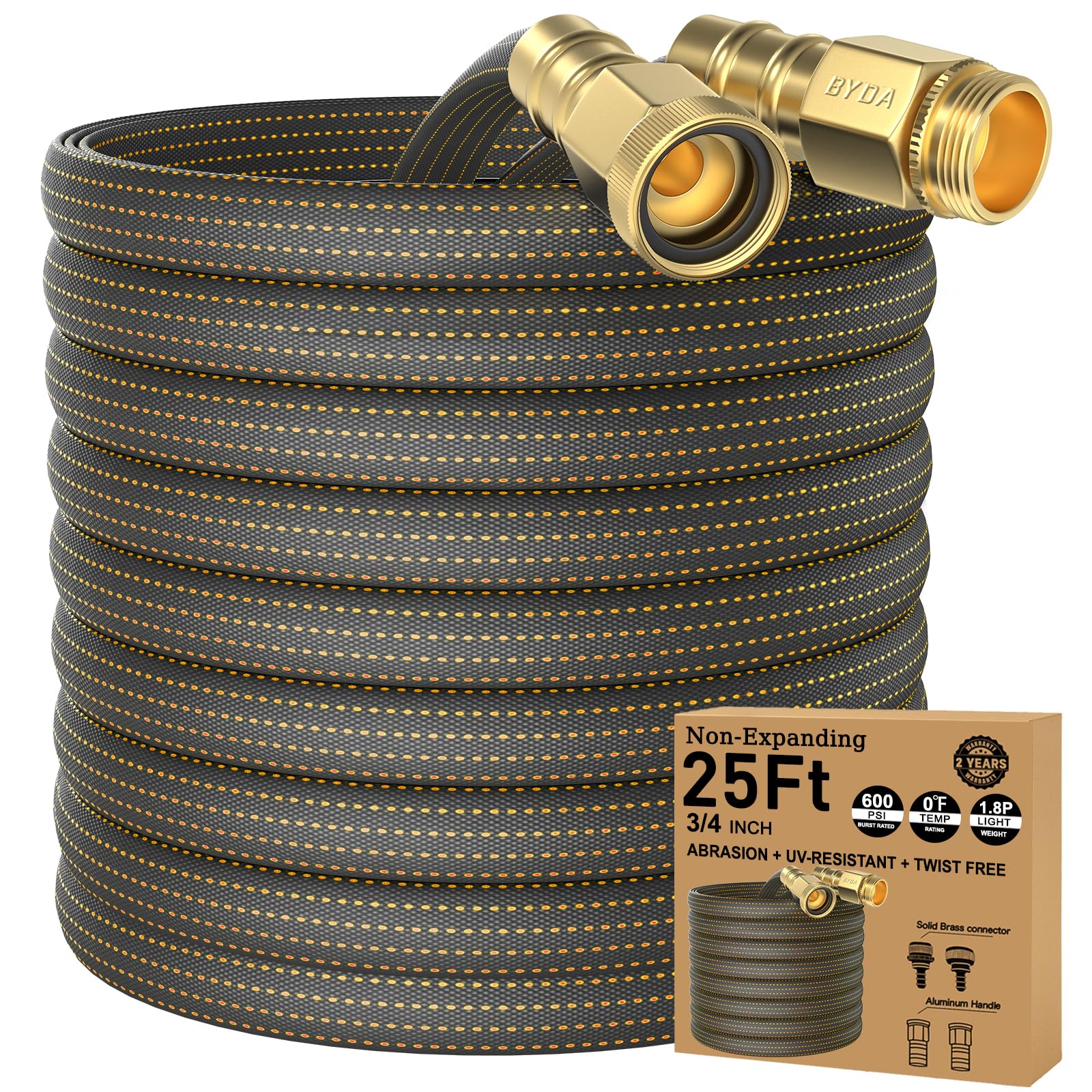 BYDA 25ft lightweight hose coil for easy storage and handling.