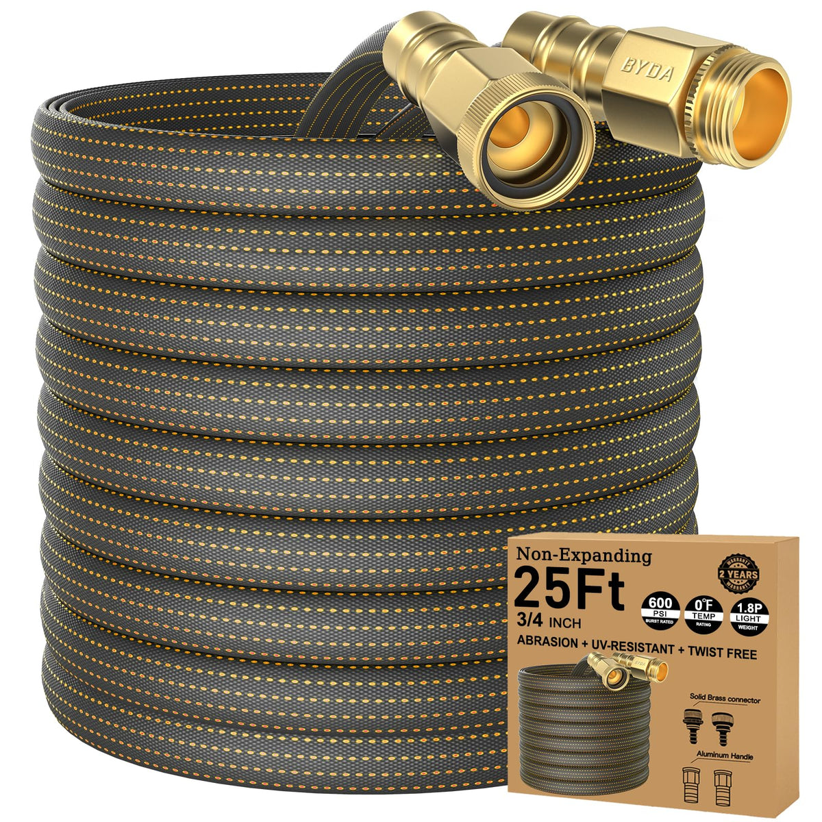 BYDA 25ft lightweight hose coil for easy storage and handling.