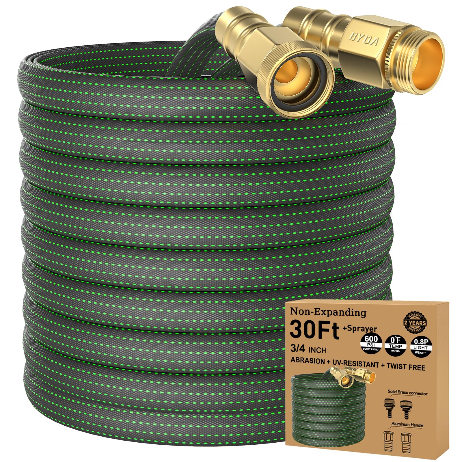 BYDA 30ft lightweight hose extended outdoors for easy watering and maneuverability.
