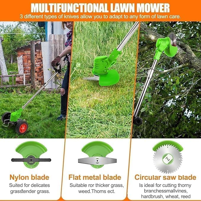 Byerba cordless weed wacker multi-blade-set enables versatile yard trimming.