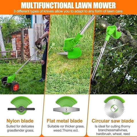 Byerba cordless weed wacker multi-blade-set enables versatile yard trimming.