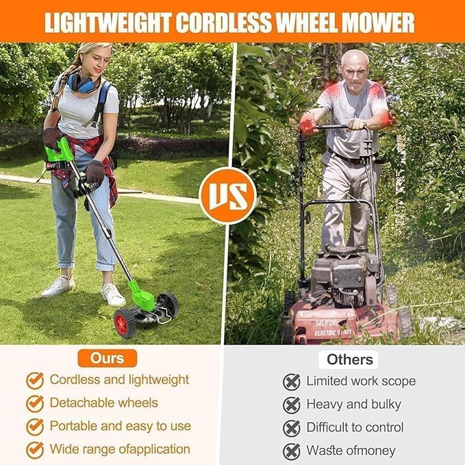 Byerba cordless weed wacker wheels-attachment simplifies edging and mobility.