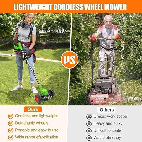 Byerba cordless weed wacker wheels-attachment simplifies edging and mobility.