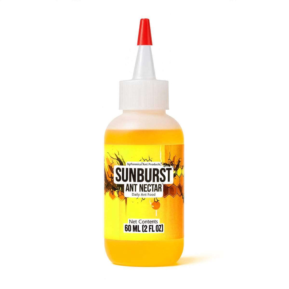 byFormica Sunburst bottle front label shows 60 mL size and natural ingredients for easy ant feeding.