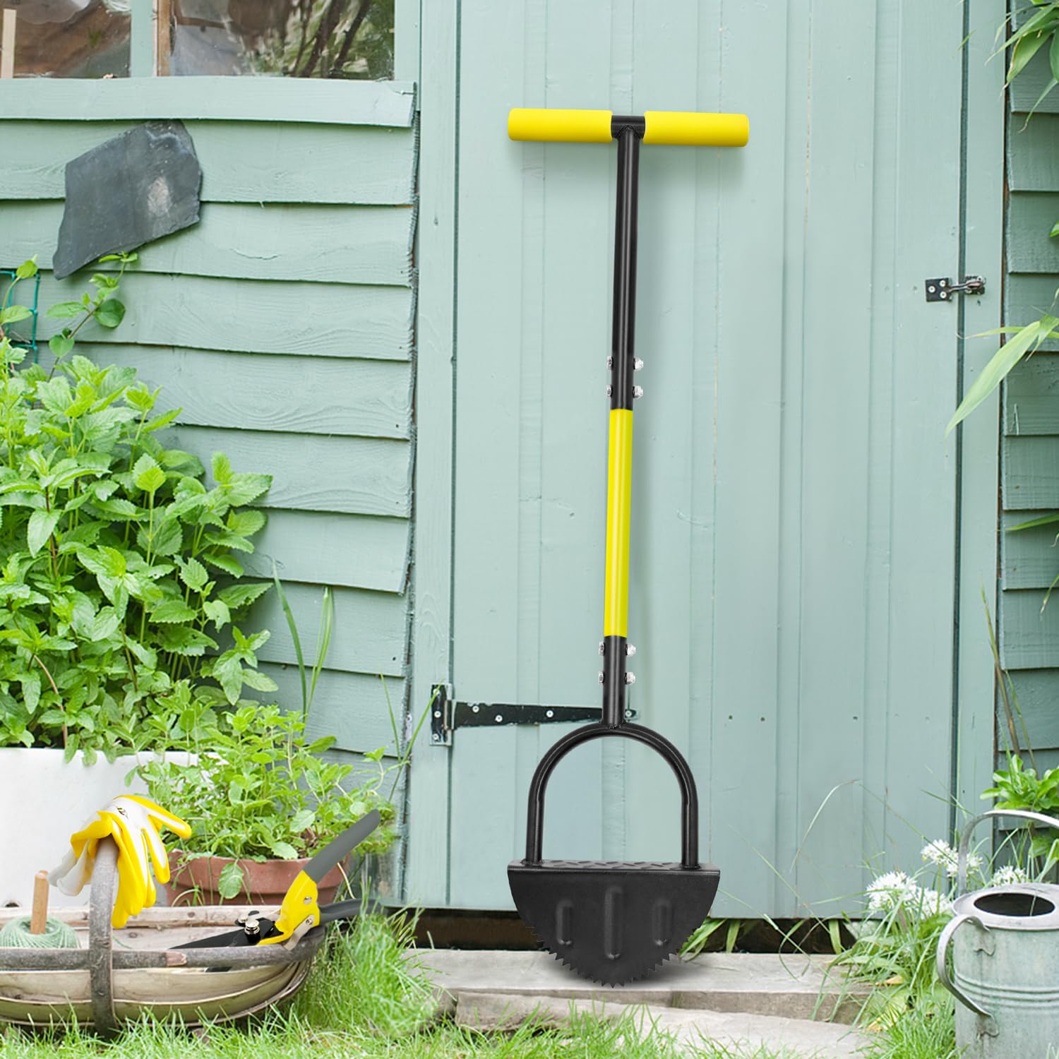Carbon steel blade resists rust for outdoor use.