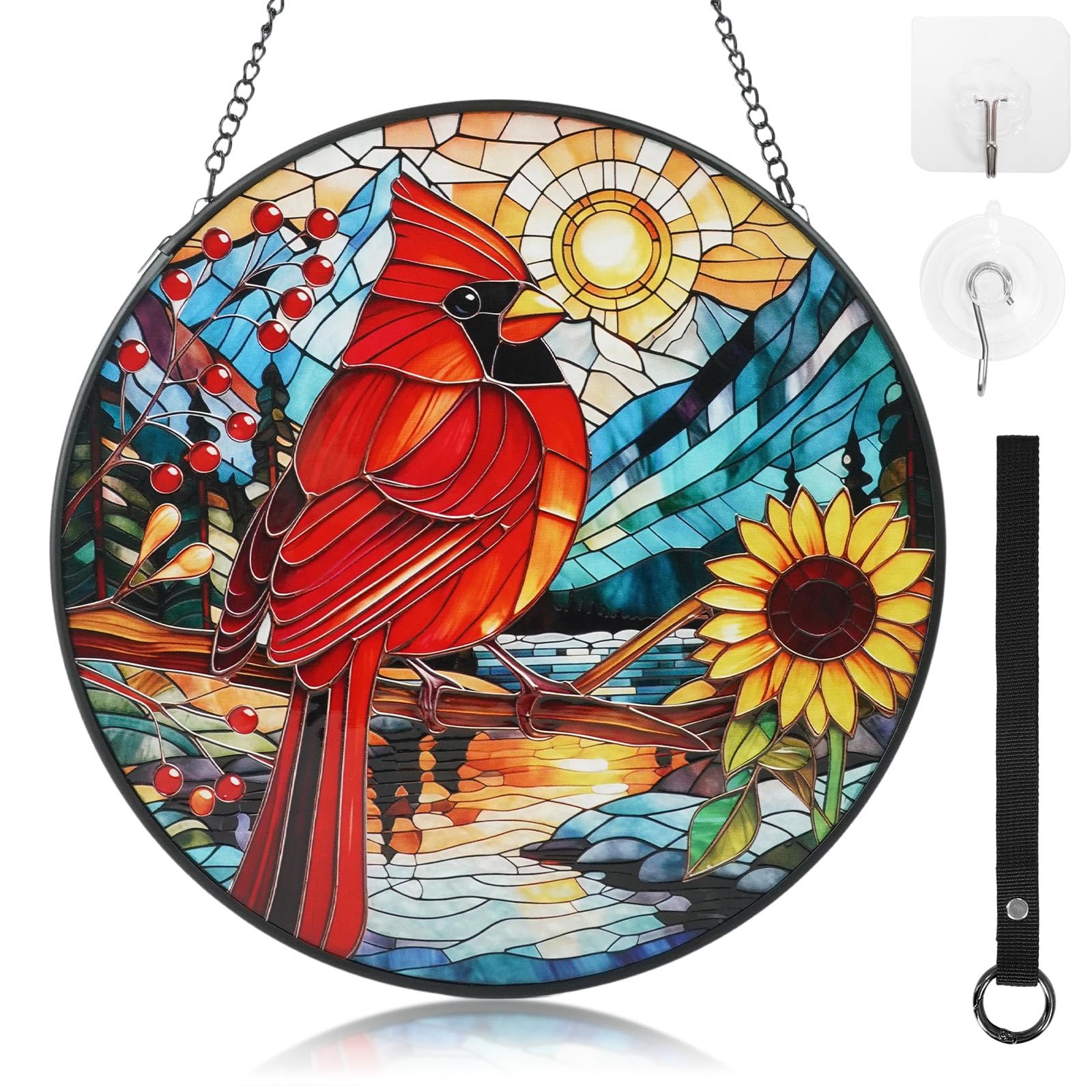 Byonique cardinal sunflower suncatcher in a sunlit window adds warm color