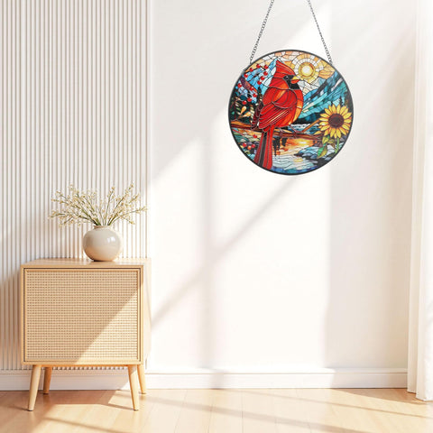 Byonique stained-glass cardinal art catches light for tranquil home accent
