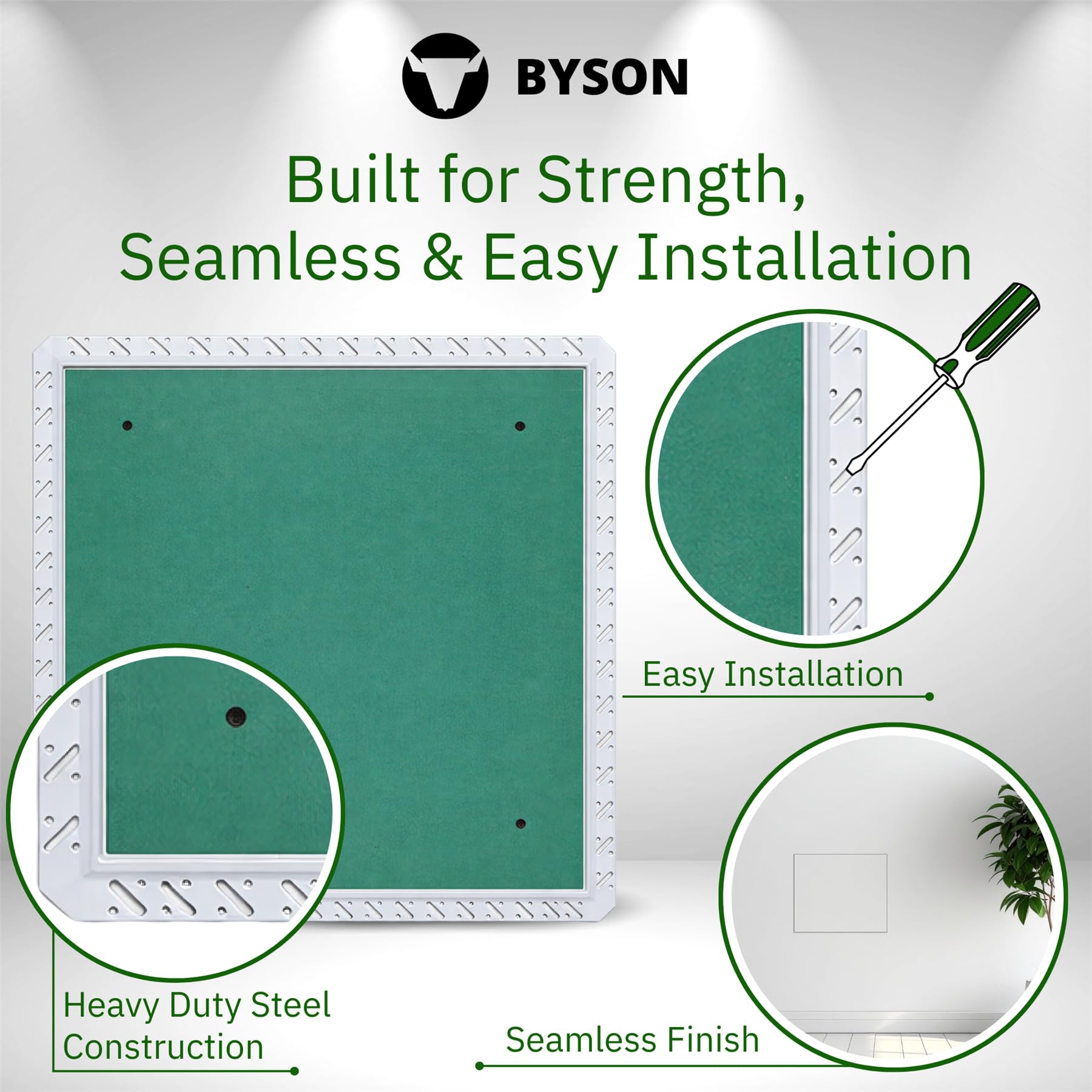 Byson drywall access panel 12x12 gypsum inlay resists moisture for clean installs.