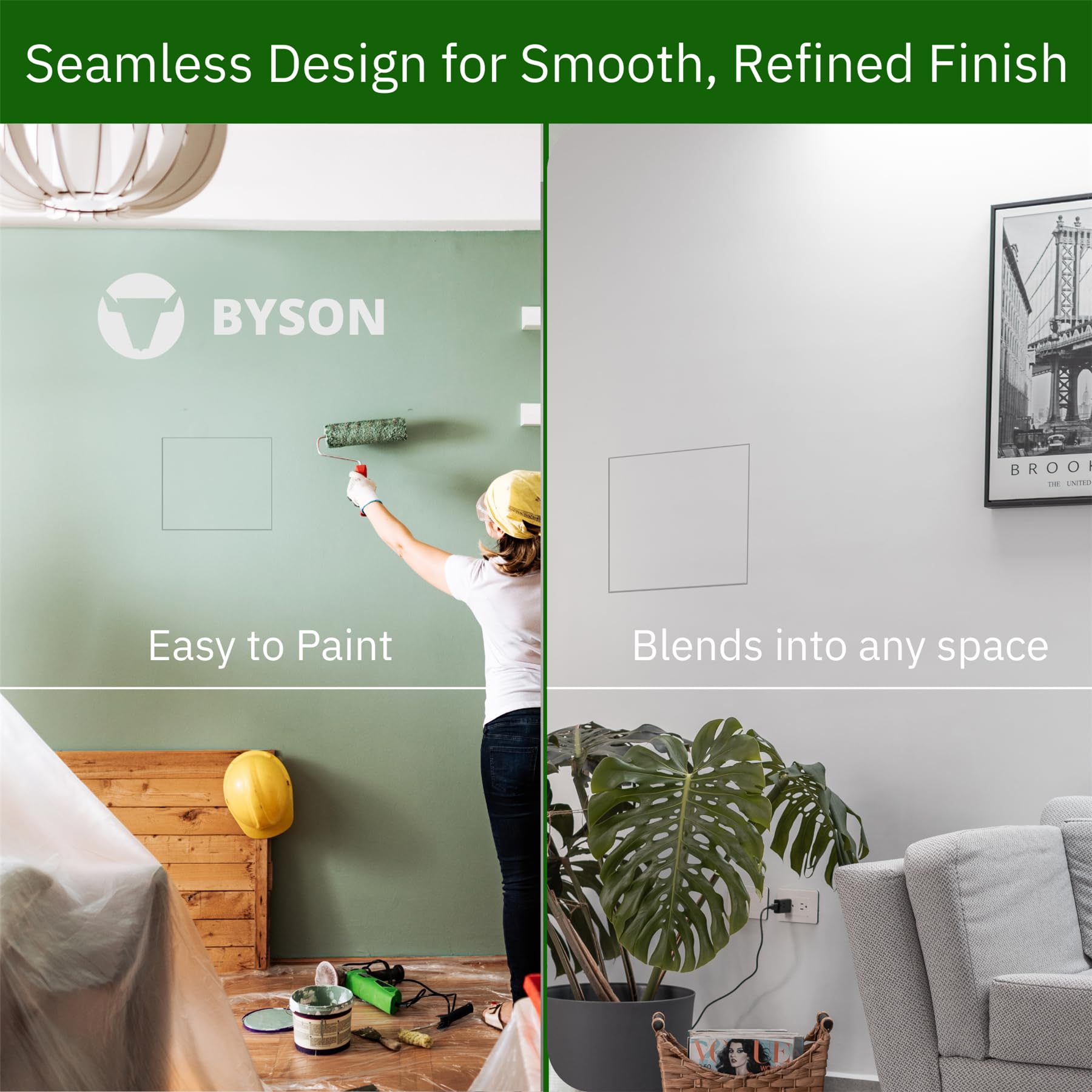 Byson drywall access panel door with hinged push-lock for tool-free access.