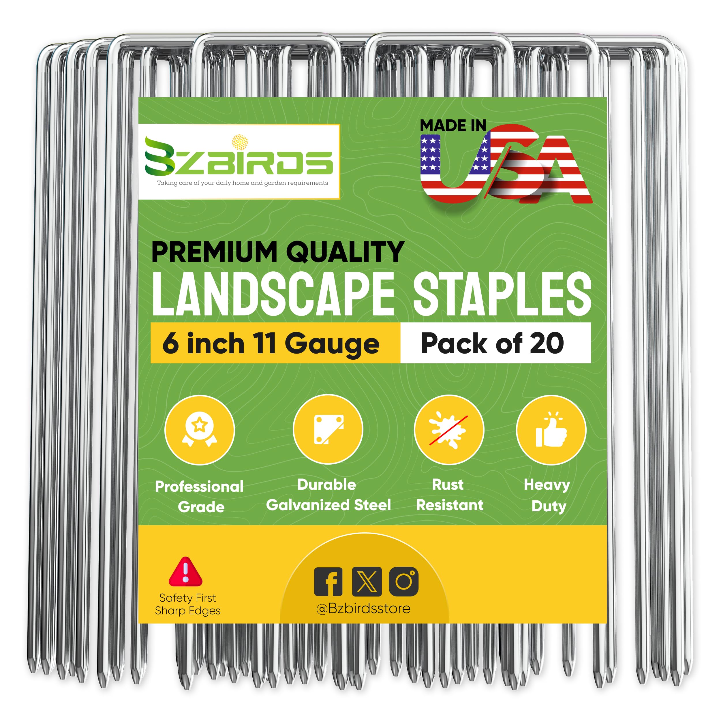 BzBirds landscape staple 6in anchors securely in soil for stable fabric.