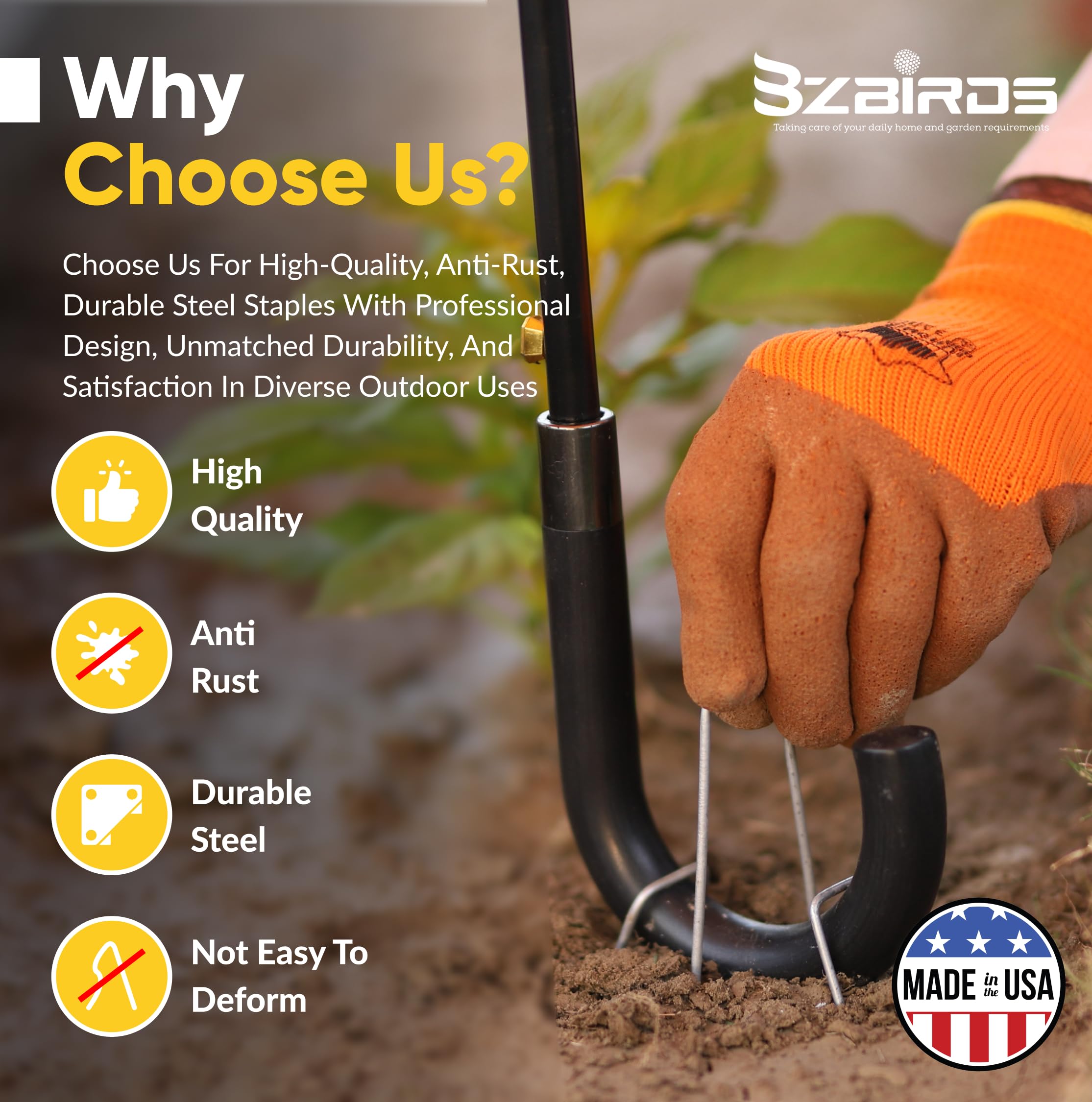 BzBirds stake secures weed barrier and landscape fabric.
