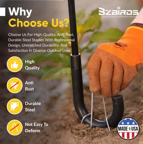 BzBirds stake secures weed barrier and landscape fabric.