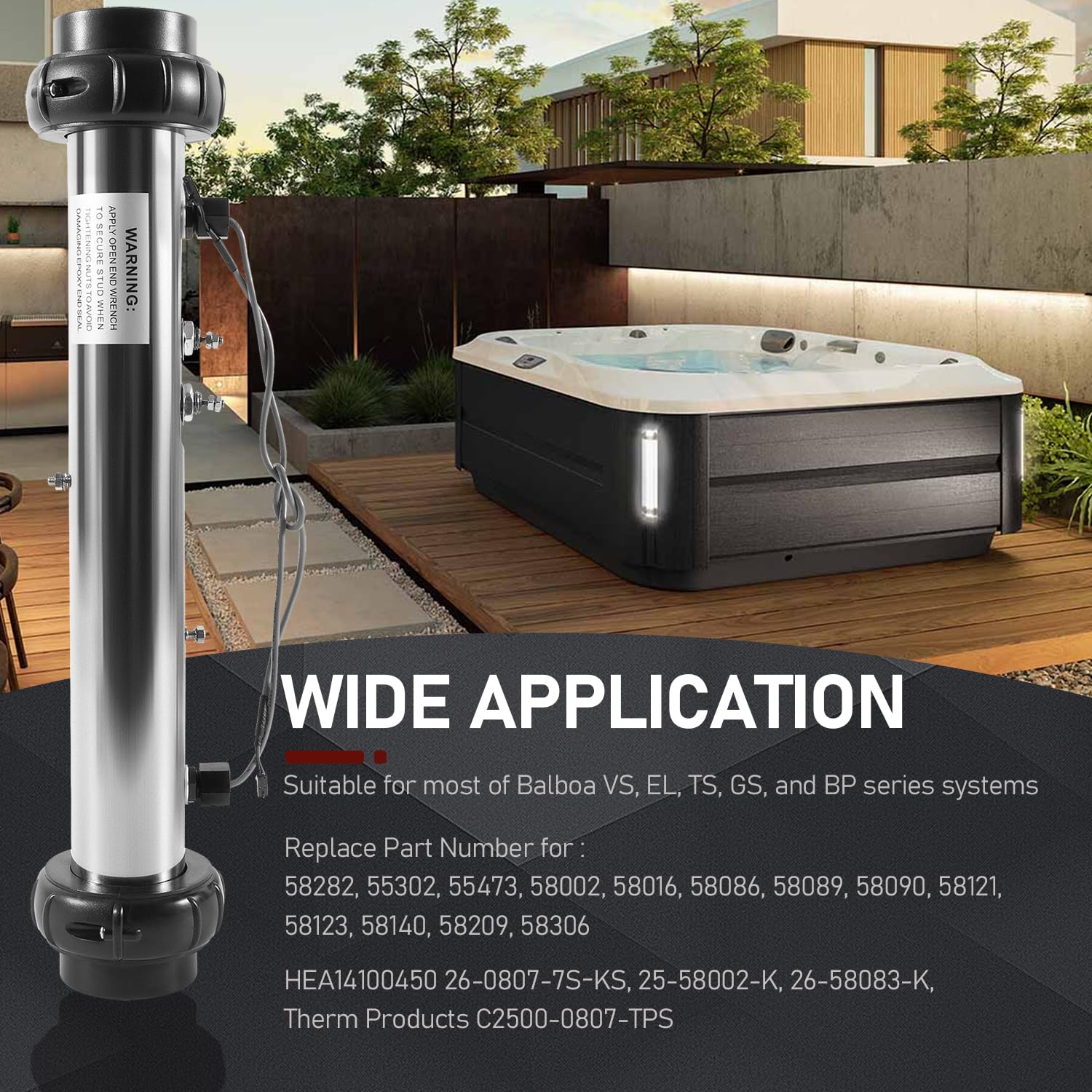 Bzsunway stainless steel heater casing; rugged against daily spa use.