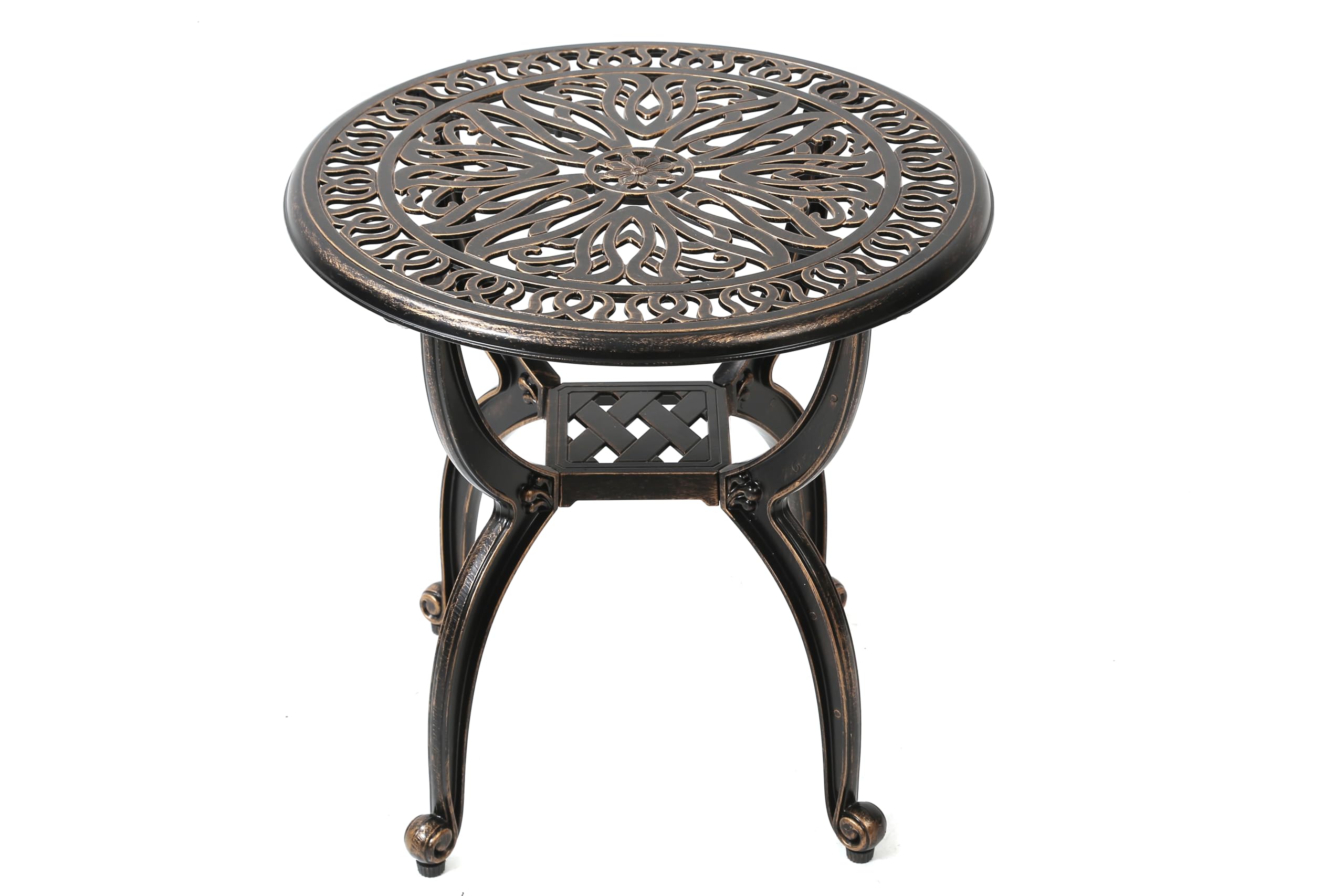 C G Patio Casa round copper end table top showing elegant craftsmanship and outdoor durability