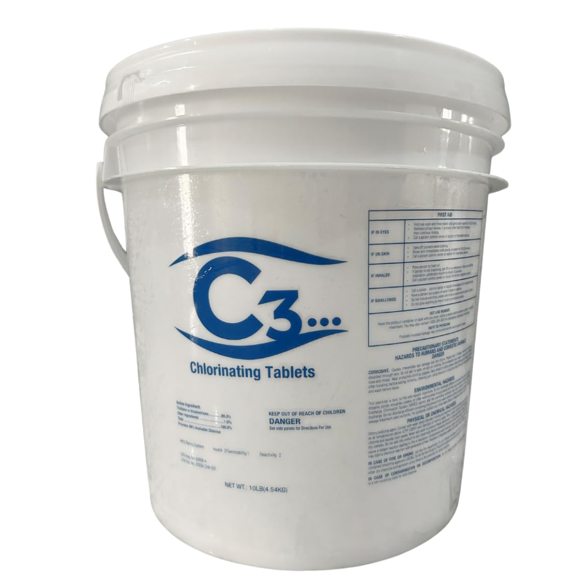C3 3-inch chlorine tablets in a bottle for weekly pool sanitizing
