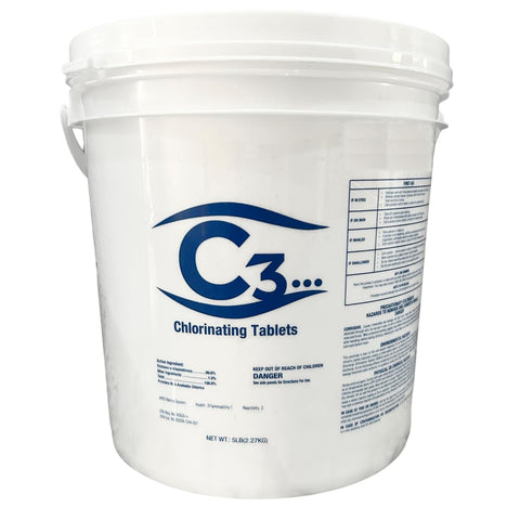 C3 5lb chlorine tablets front label highlighting the slow dissolving formula for pools.