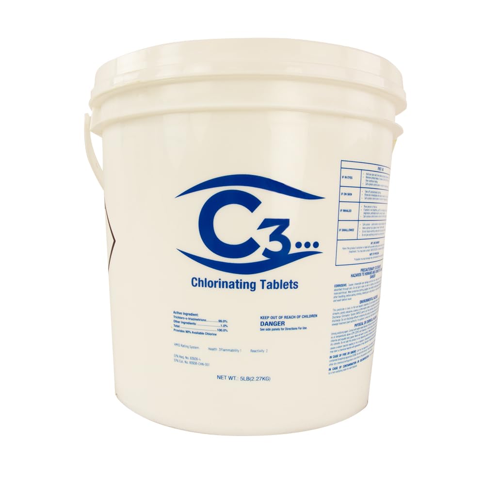 C3... stabilized chlorine tablets in a 5-lb bucket for consistent pool sanitation.