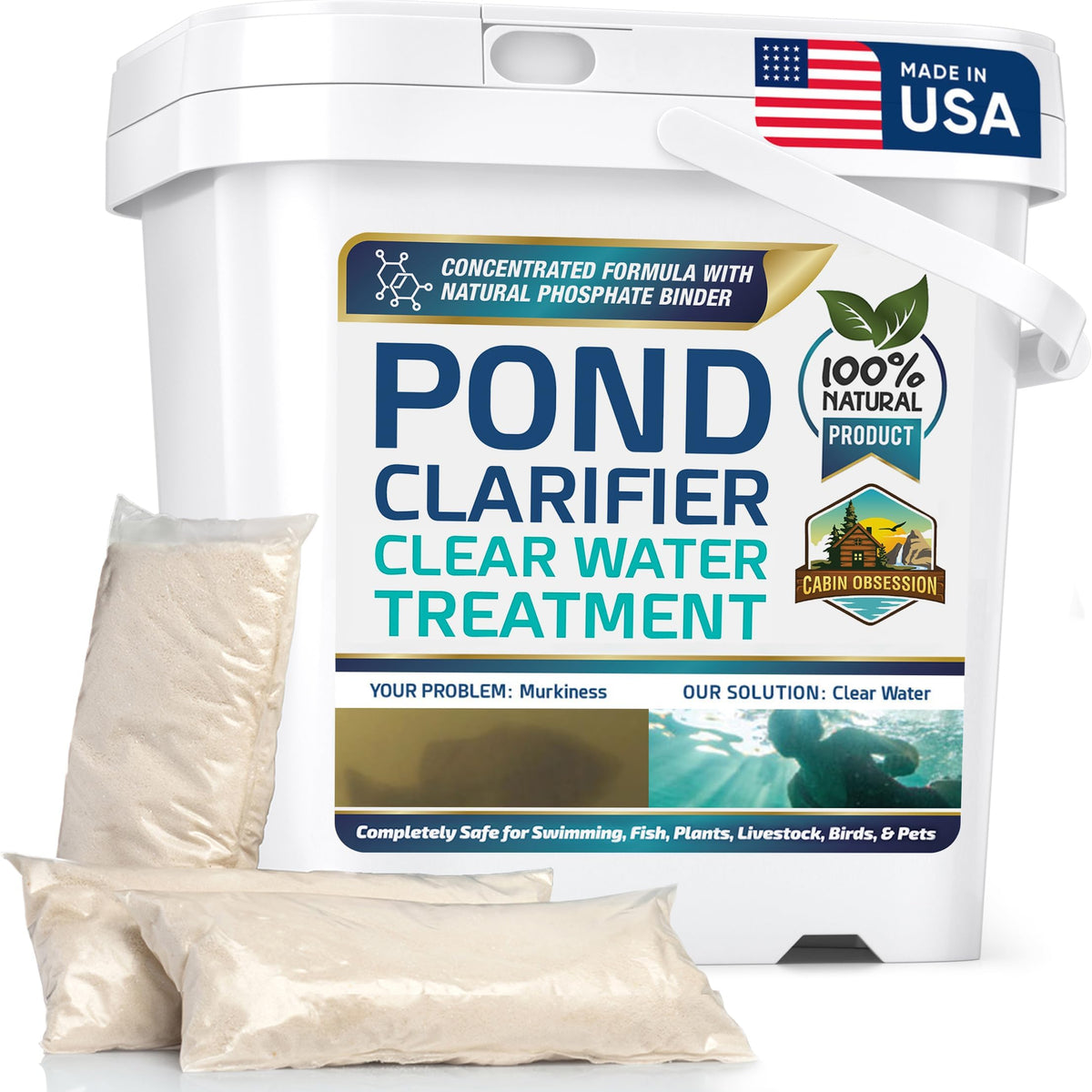 Cabin Obsession Pond Clear packaging shows an easy outdoor pond treatment ready to use