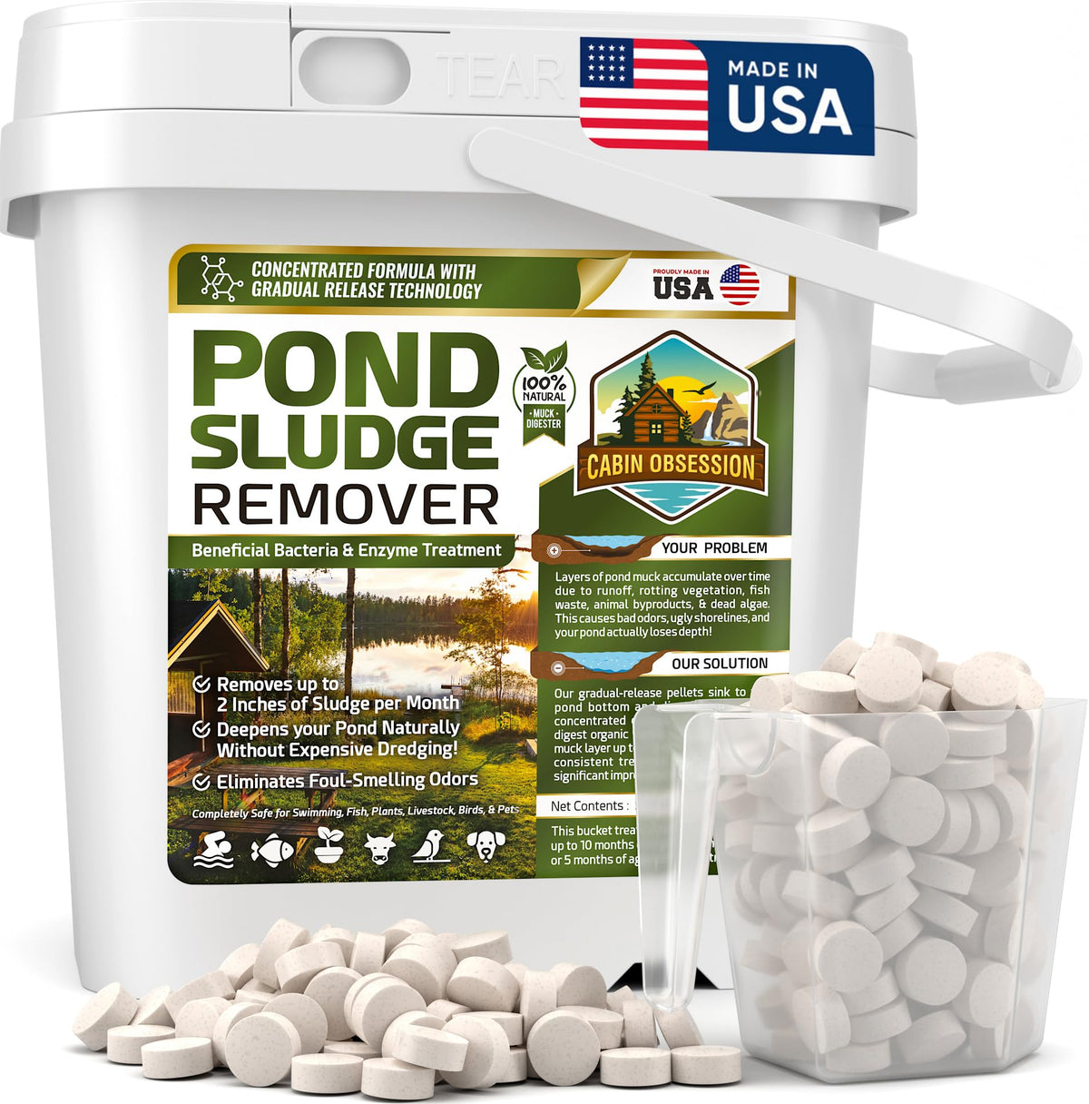 Cabin Obsession Pond Sludge Remover pellets sinking to digest muck.