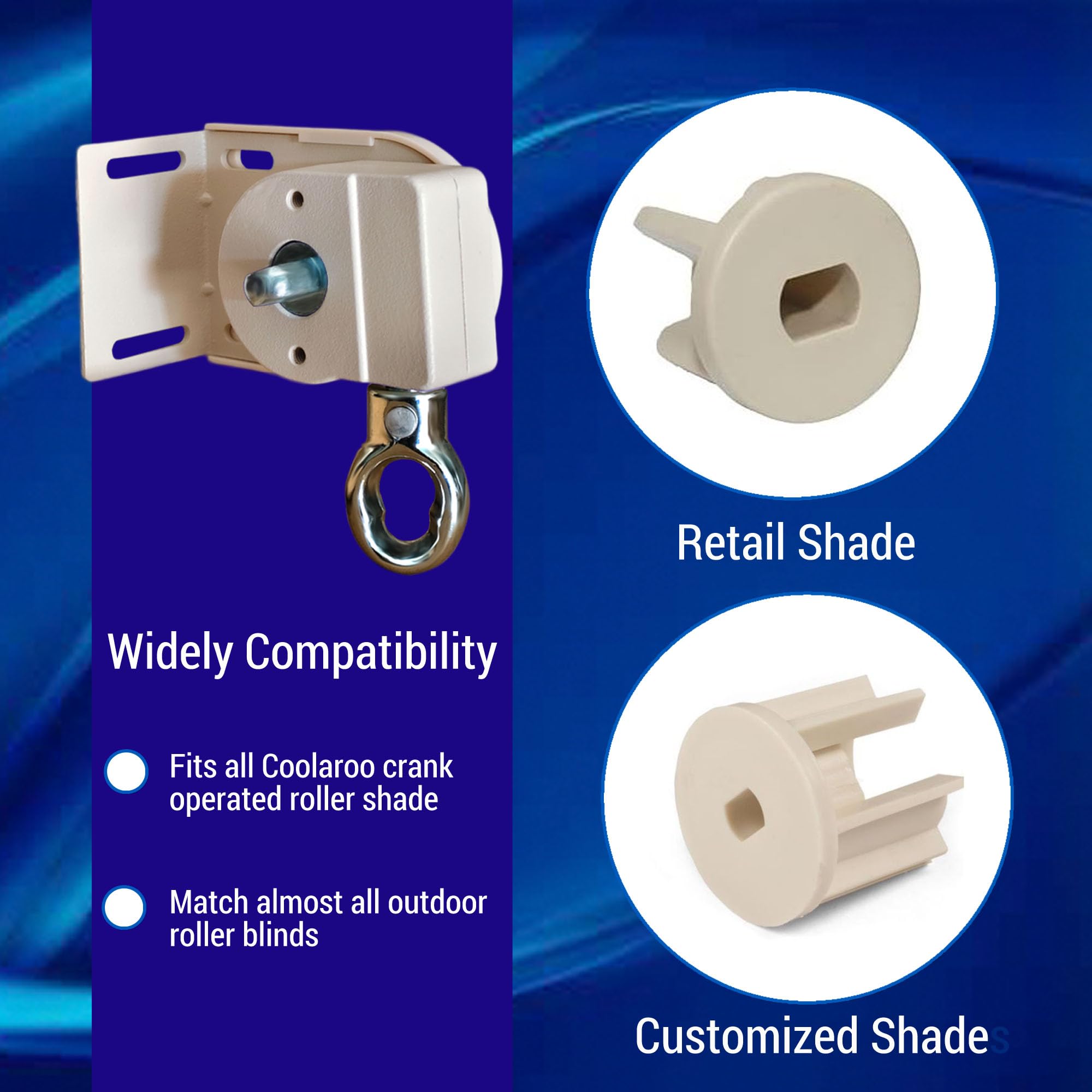 CACELY Coolaroo bracket material close-up shows rust-resistant alloy and UV protection.