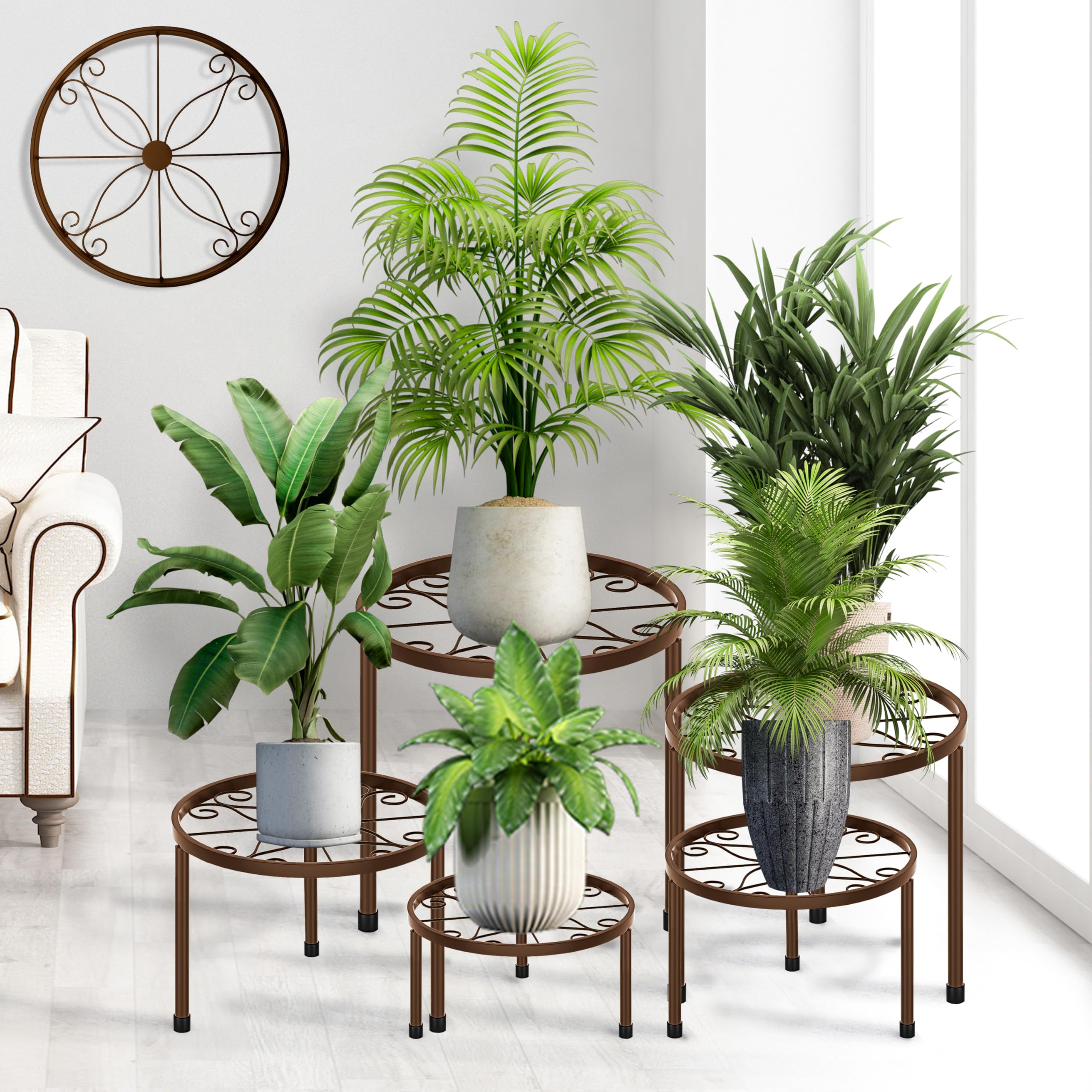 CADANI 5-pack metal plant stands for indoor and outdoor use, ideal for organizing pots.