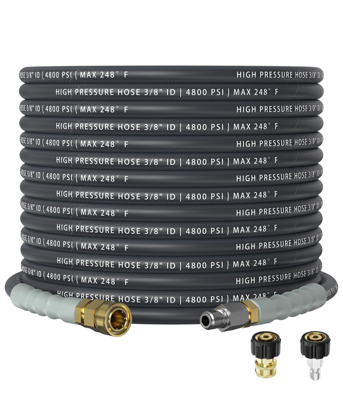 CADEGUO 50ft pressure washer hose with 360-degree swivel for tangle-free cleaning.