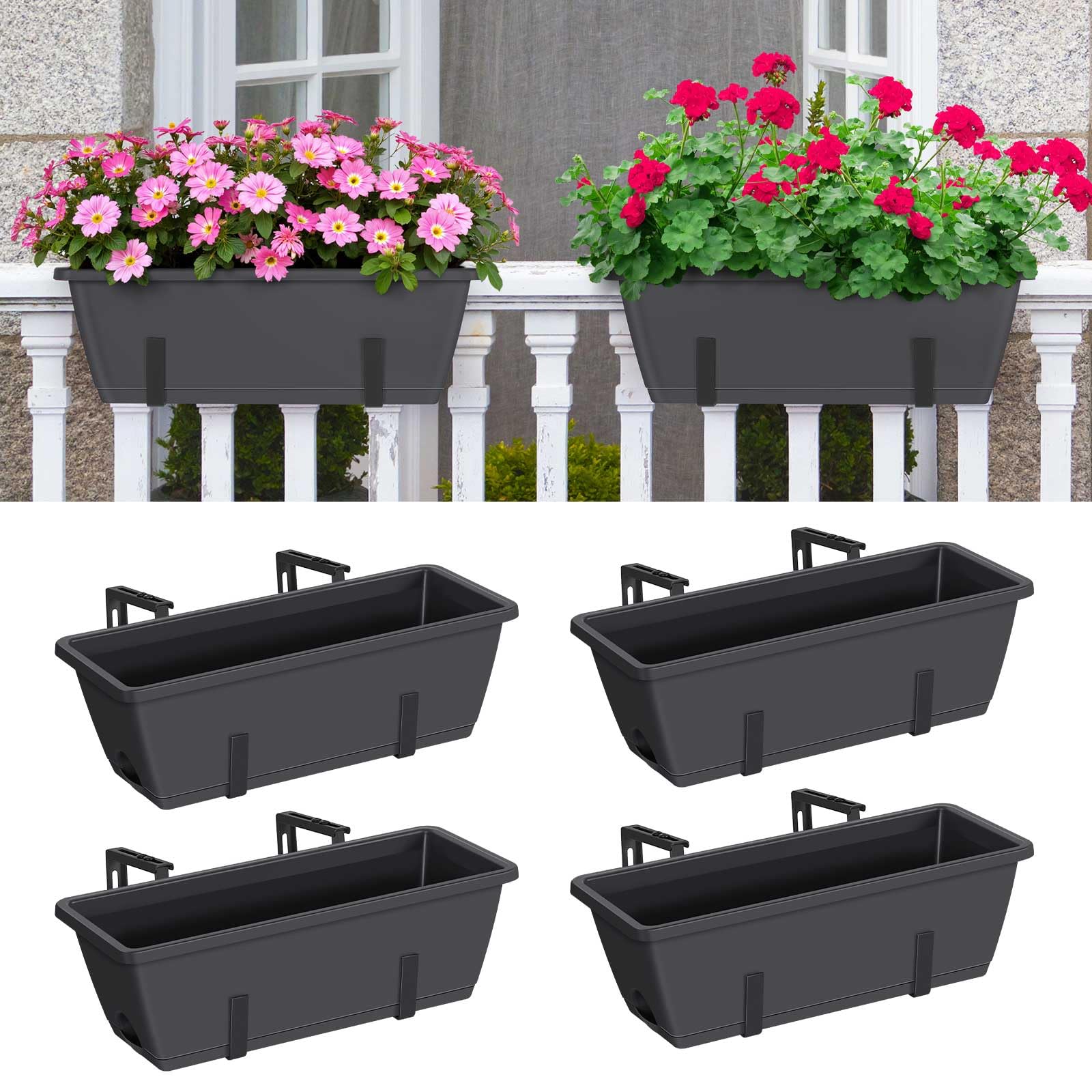 CADUKE 4-pack railing planter boxes mounted on balcony railing for herbs and flowers.