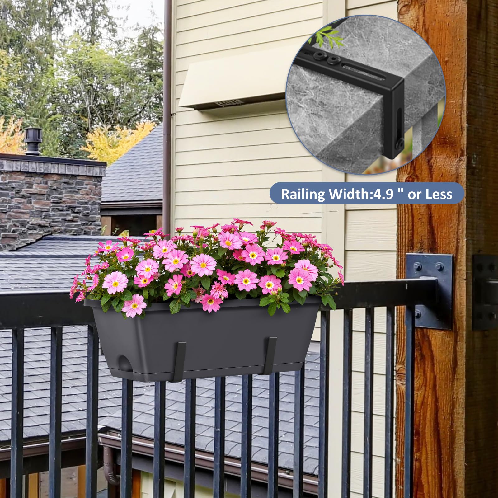 CADUKE brackets and hooks shown for versatile rail placement on windows or balconies.