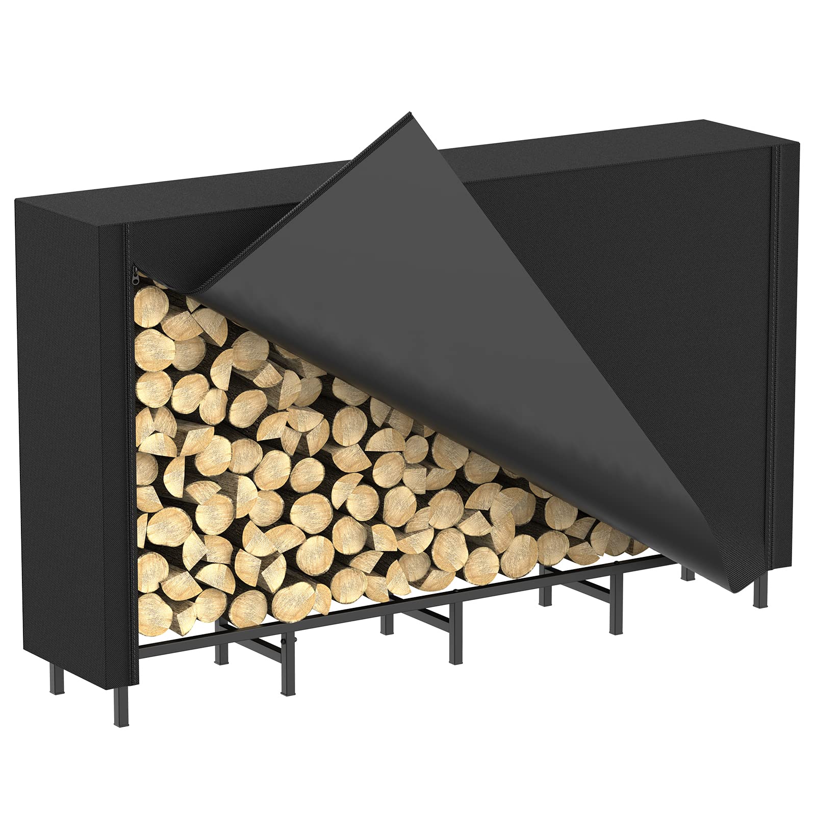 CADUKE firewood rack with cover shields wood from rain for outdoor use.