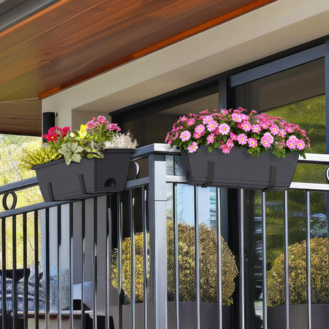 CADUKE railing planter box bracket close-up demonstrating adjustable support for various railing sizes