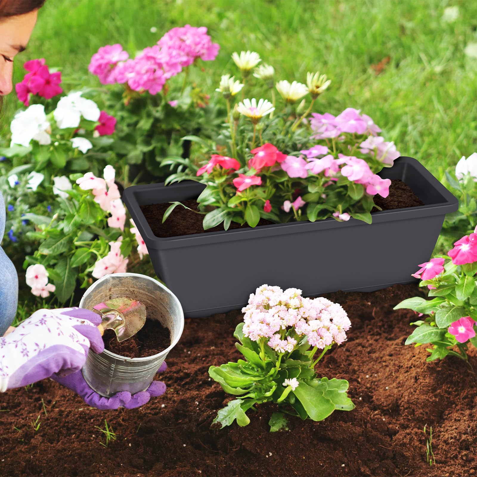 CADUKE railing planter box drainage tray visible with holes for airflow and excess water