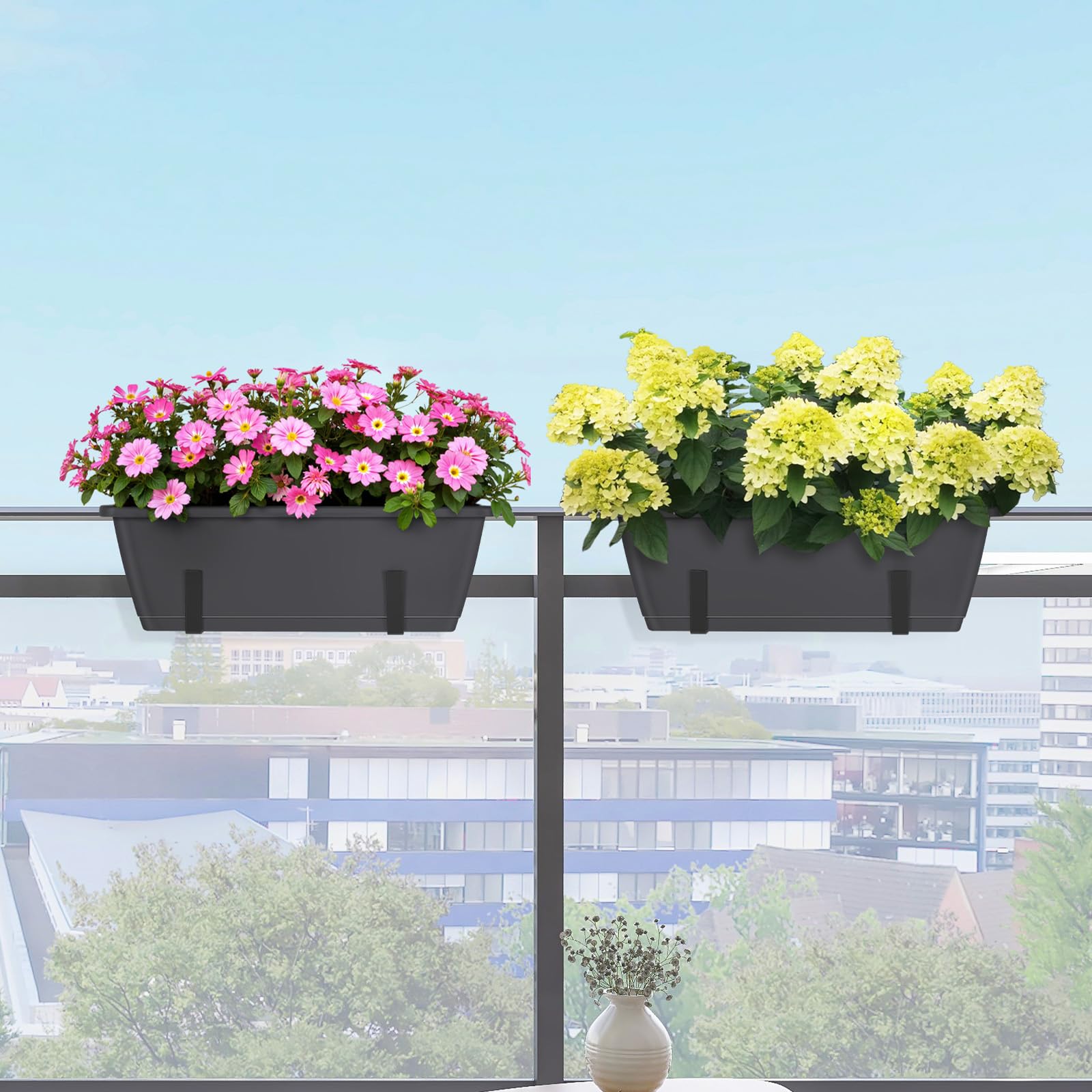 CADUKE planter with adjustable bracket detail showing secure rail attachment.